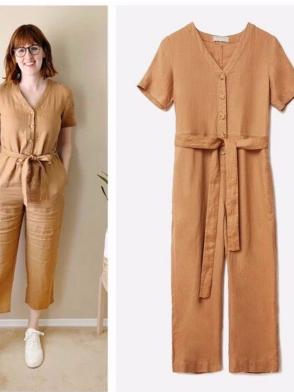 Everlane Camel Short-Sleeve Button-Front Linen Jumpsuit
